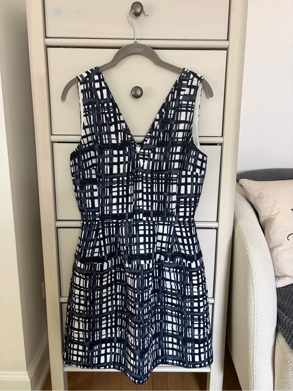 Madewell Navy and White Windowpane V-Neck Fit & Flare Dress